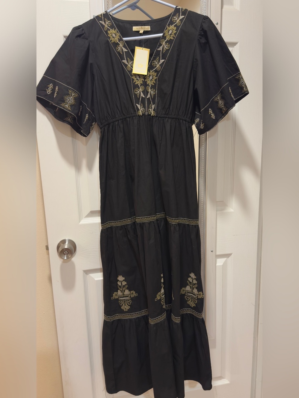 NWT Kings Road Cotton Black with Beige Embroidered Tiered Maxi Dress.